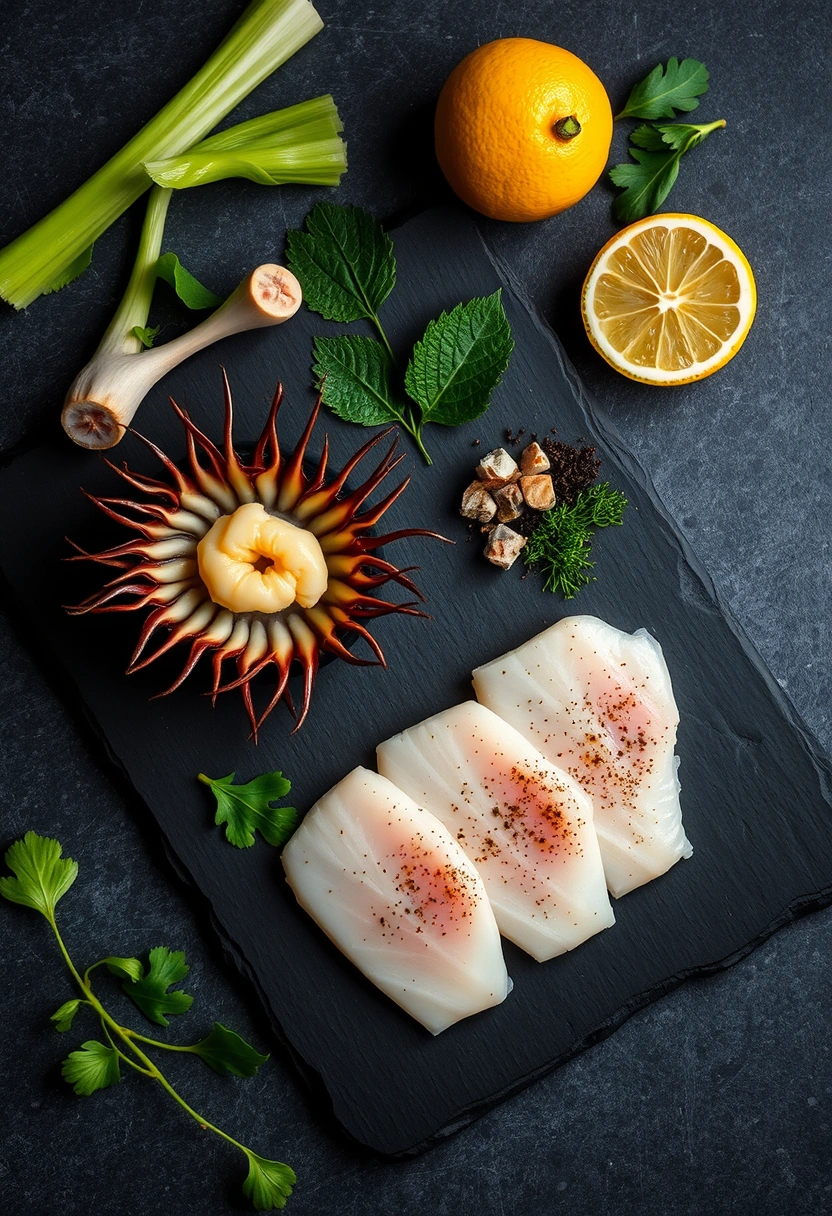 Curated selection of pristine seasonal Japanese ingredients arranged on dark slate