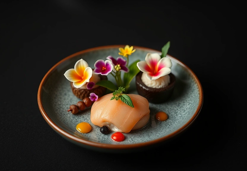 Artfully presented kaiseki course on handcrafted ceramic